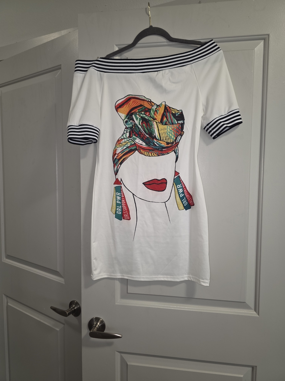 White Off-Shoulder Graphic Top with Colorful Headscarf Print